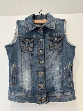 GUESS Los Angeles Distressed Embroidered Denim Sleeveless Jacket Vest 90s Y2K